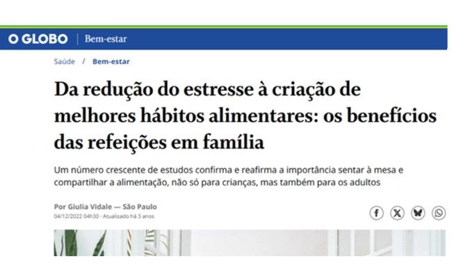 Prova social — O Globo: benefícios das refeições em família